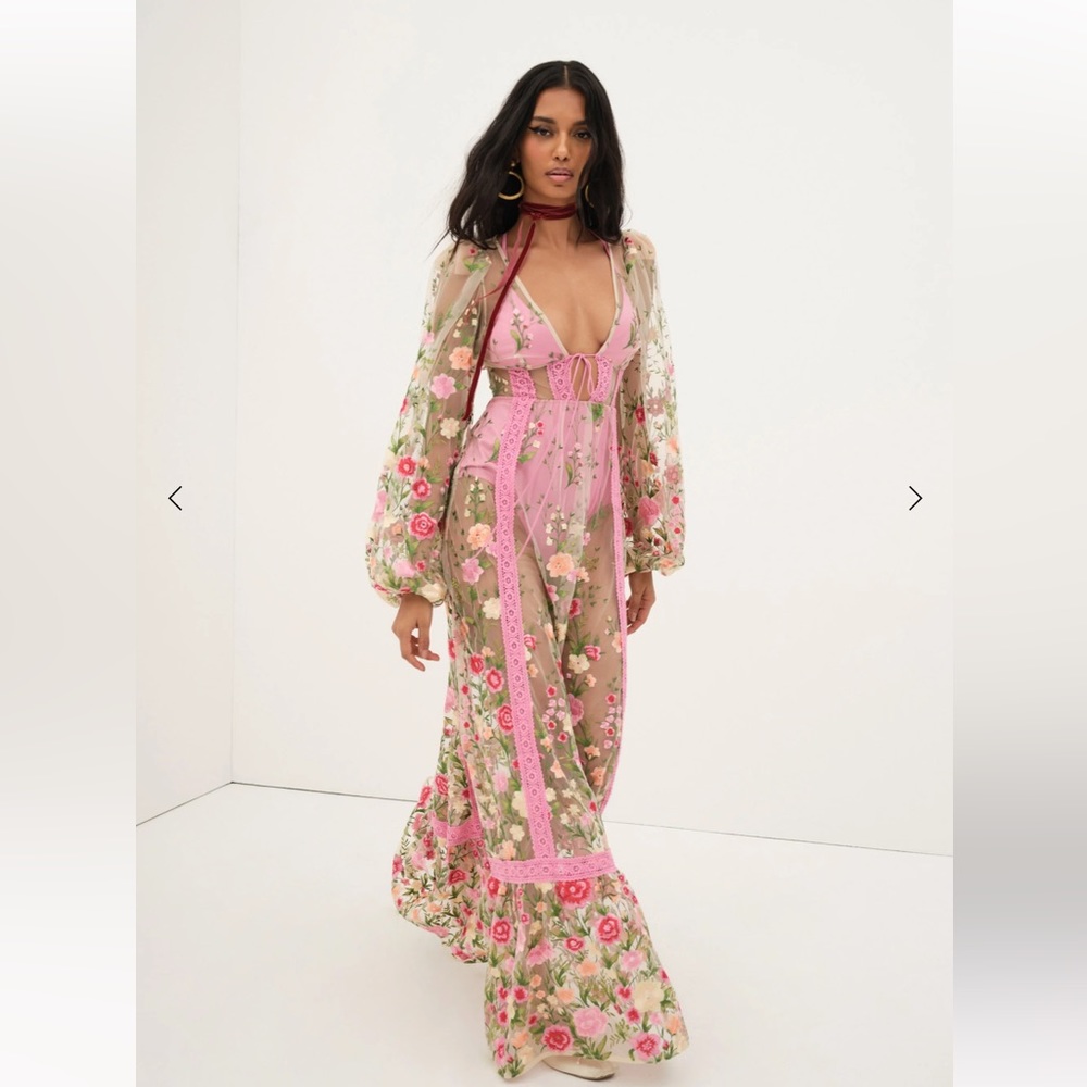 For Love & Lemons Luna Embroidered Bouquet Floral Maxi Dress M - Picture 3 of 10